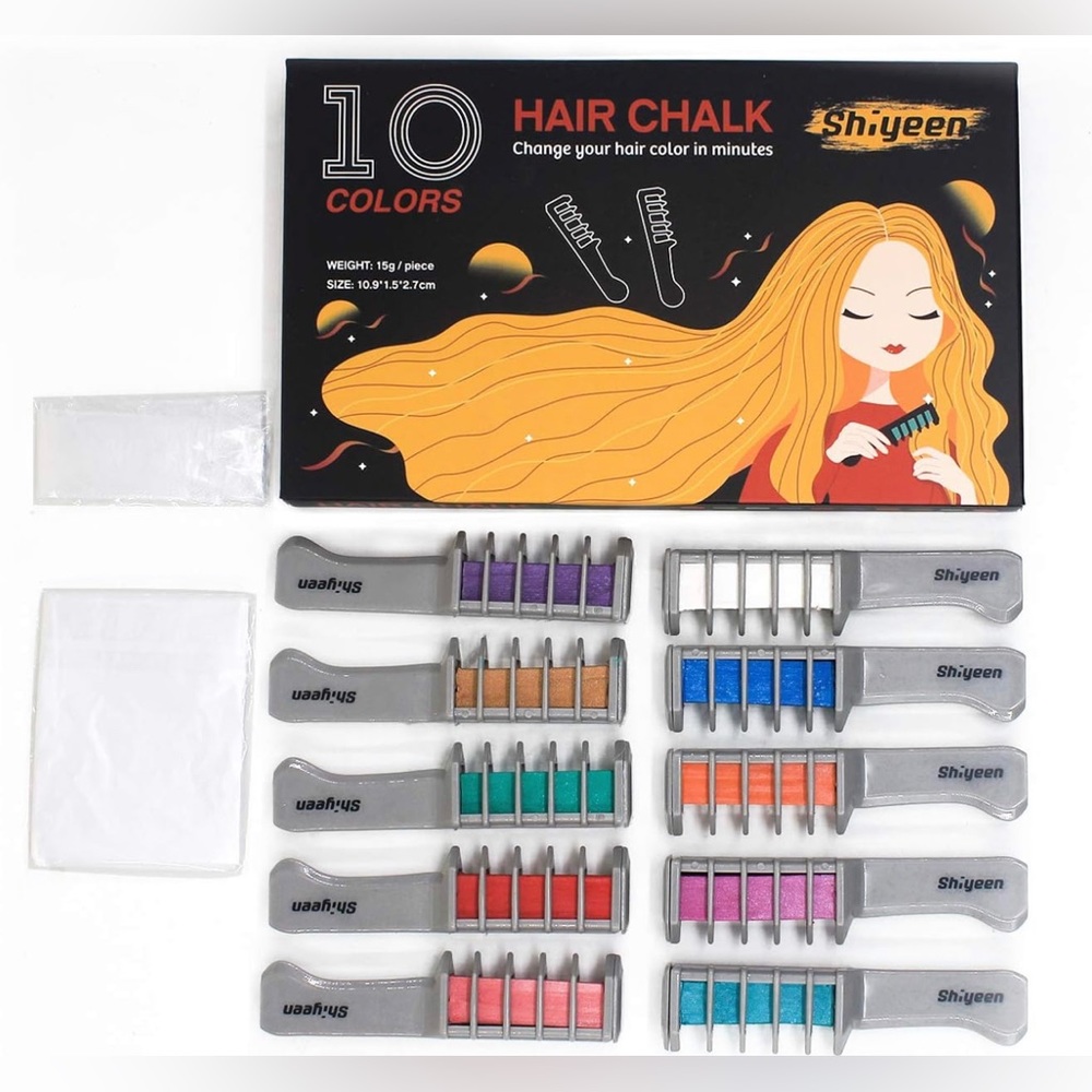 New - 10 Pc Temporary Hair Chalk Wax Combs for Kids, 10 Bright Washable Colors